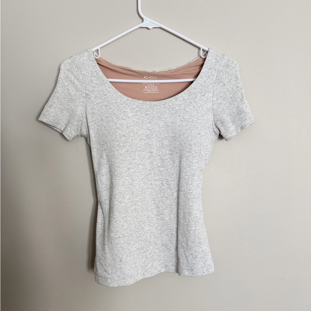 OGL Built-In Bra Short Sleeve Scoop Neck Top heathered gray